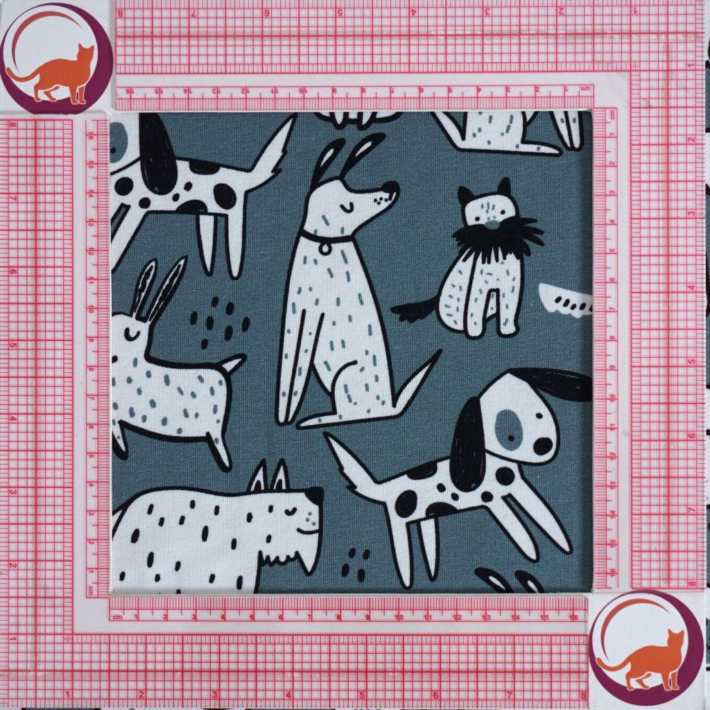 Preview: French Terry lustige Hunde scharz weiß auf blaugrau